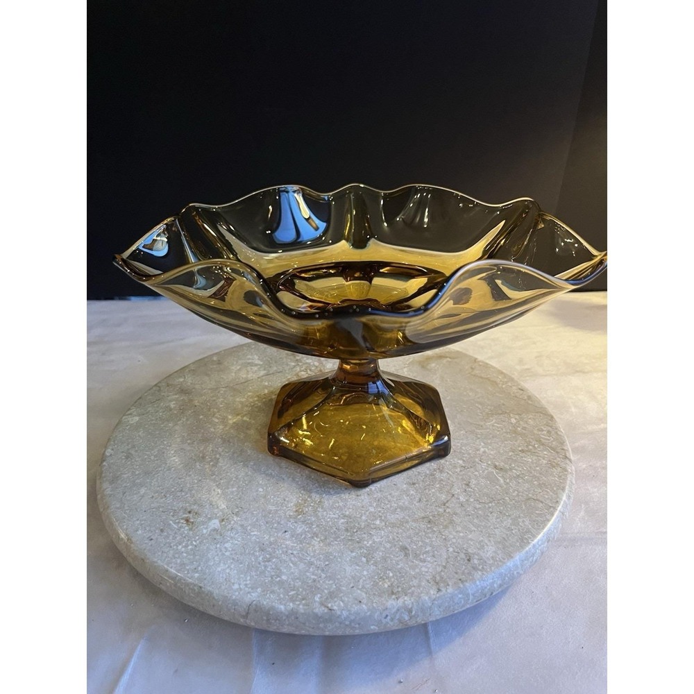MCM Large Amber Viking Glass Epic Ribbed Column Pedestal Compote 10 1/2"Diameter